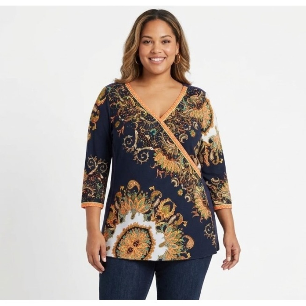 ANAC Top size XL Navy Yellow Boho Artsy Stretch 3/4‎ Sleeve Festival Vacation